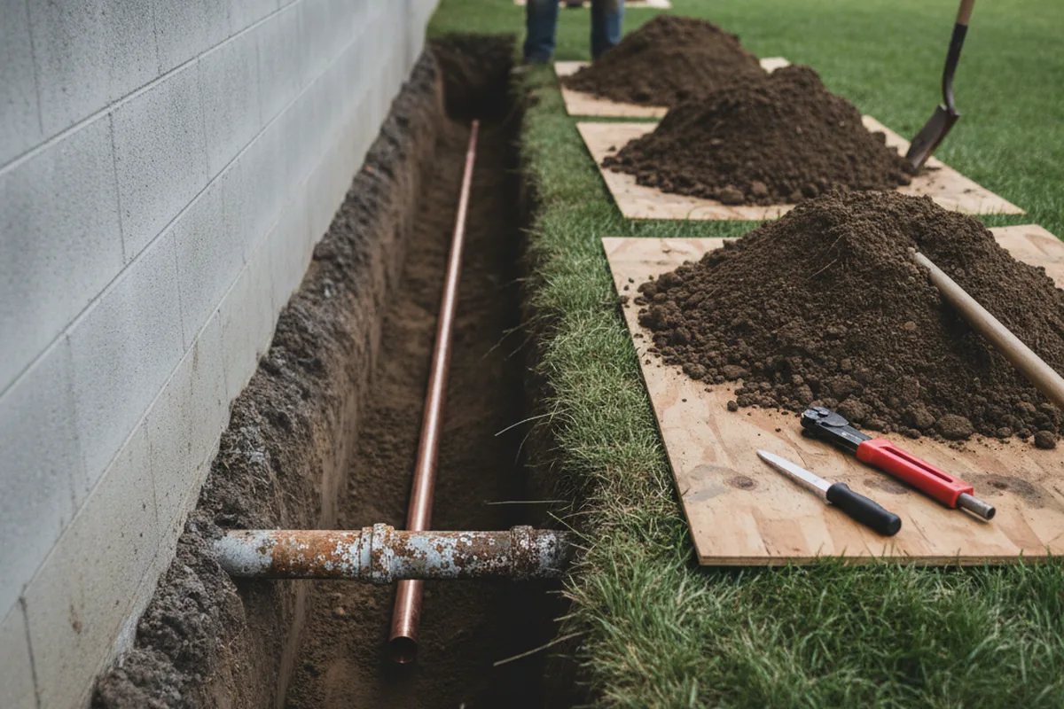 Excavated water line trench during Sewer Line Repair in Delta